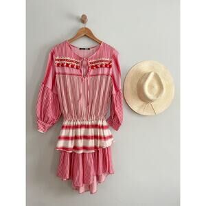 Devotion Twins | Greek Embroidered Tunic Boho Dress | Red Pink | Sz XS